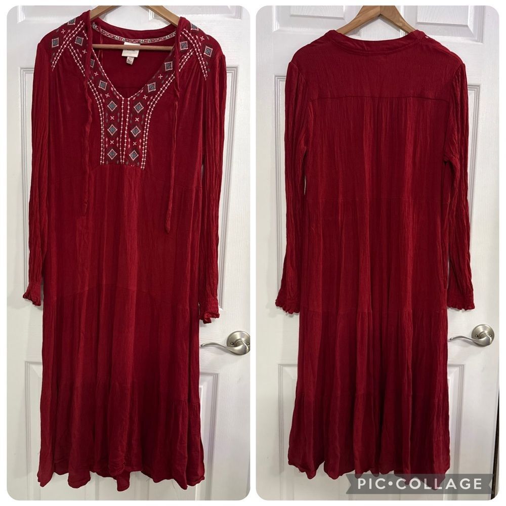 Boho Knox Rose Women’s XL Tiered Embroidered Peasant Dress Southwest Long Sleeve